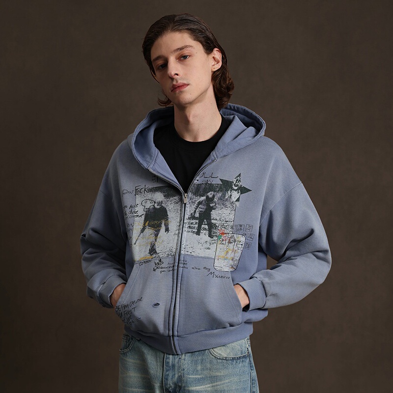 Rtimfd Blue Washed Distressed Boy Print Hoodie Boxy Fit Sweatshirt Street Style Men Cleanfit Rtimfd Blue Washed Distressed Boy Print Hoodie Boxy Fit Sweatshirt Street Style Men Cleanfit