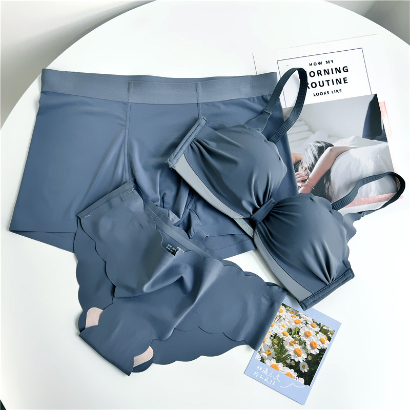 All beauty no steel ring seamless couple underwear three-piece bra bra ice silk couple models pure cotton file couple