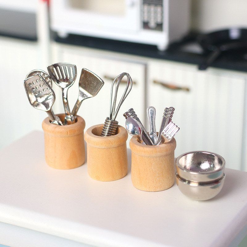 1:12 Mini Kitchen Tableware Dollhouse Furniture Miniature Bowls and Chopsticks Egg Beater Knife and Fork Toys
