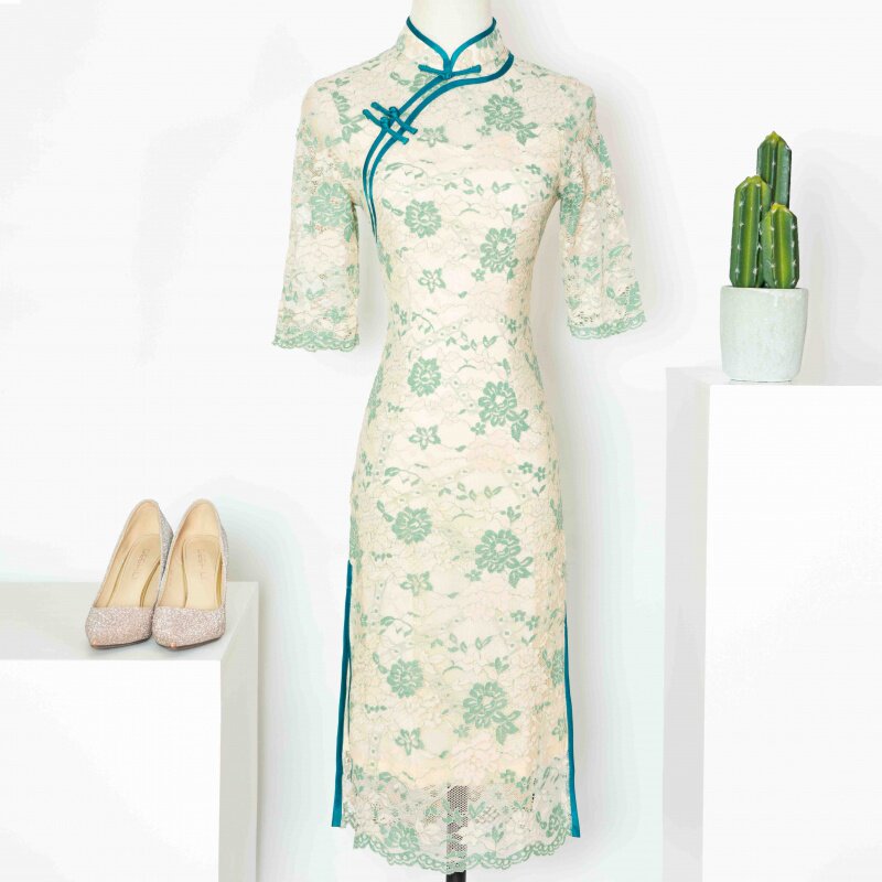 Lady Ink Delan long dress light green flower branches Qipao 2022 Summer New Foreign Pie 100 hitch comfortable and breathable