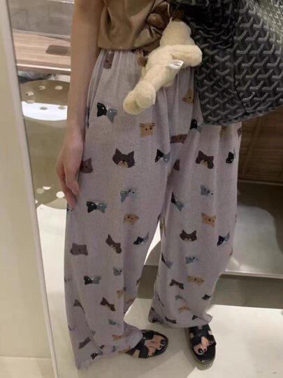 Пижамные штаны в корейском стиле с милым принтом кота для девочек, новые летние свободные повседневные штаны большого размера, домашние штаны