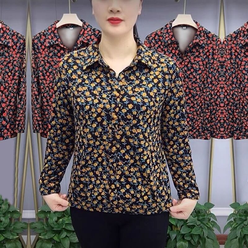 Middle-Aged and Elderly Women's Autumn Long-Sleeve T-Shirt, New Style Turn-Down Collar Pullover, Mom's Spring and Autumn Base Shirt, Loose Top Middle-Aged and Elderly Women's Autumn Long-Sleeve T-Shirt, New Style Turn-Down Collar Pullover, Mom's Spring and Autumn Base Shirt, Loose Top