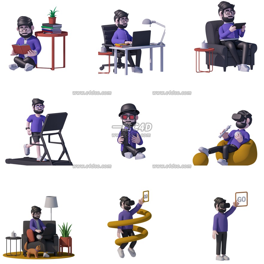 一酷C4D 卡通人物居家商业人士生活场景3D模型