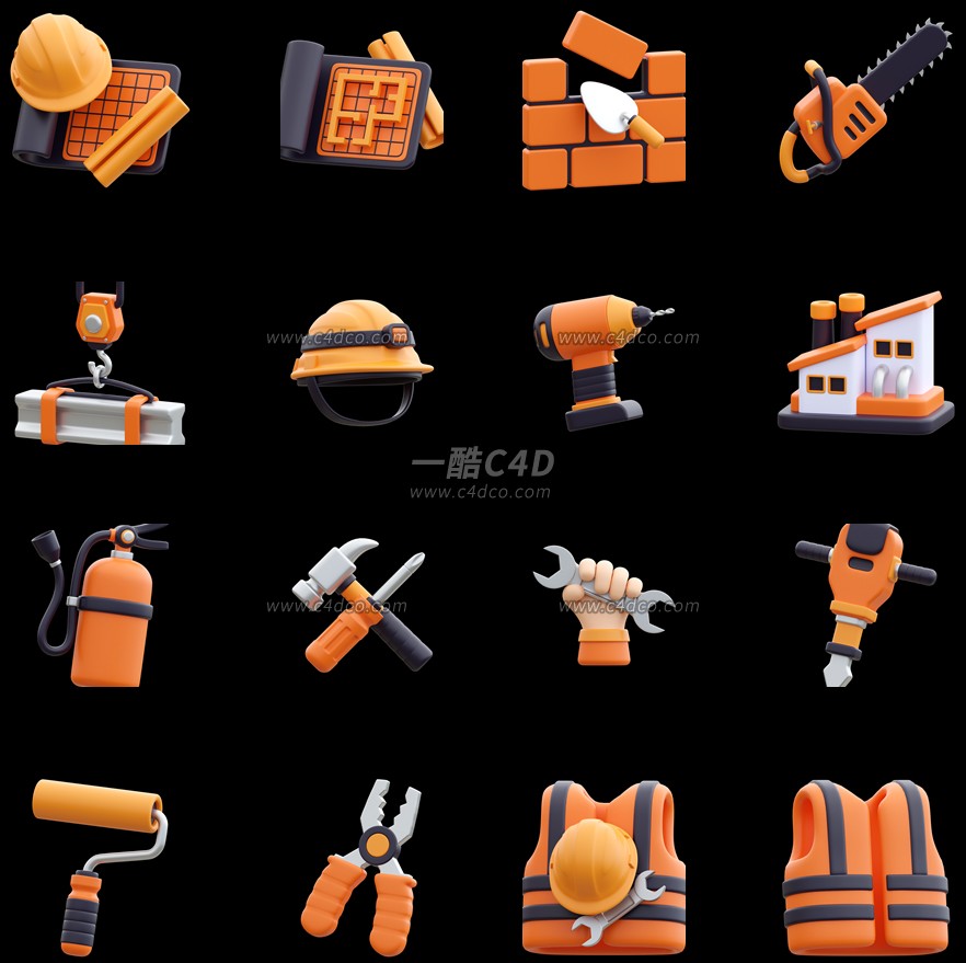 一酷C4D 20款装修配套装备电锯手钻安全帽锤子3D工具模型