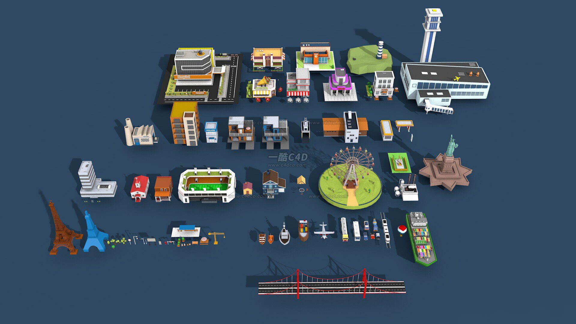 一酷C4D 低面卡通城市公交车摩天轮船别墅3D模型