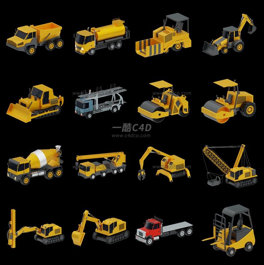 一酷C4D 卡通建筑工地施工车辆推土车挖掘机3D模型