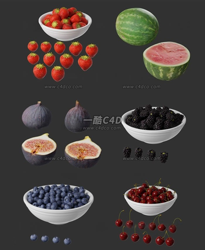 一酷C4D 7款真实水果葡萄草莓西瓜蓝莓3D模型