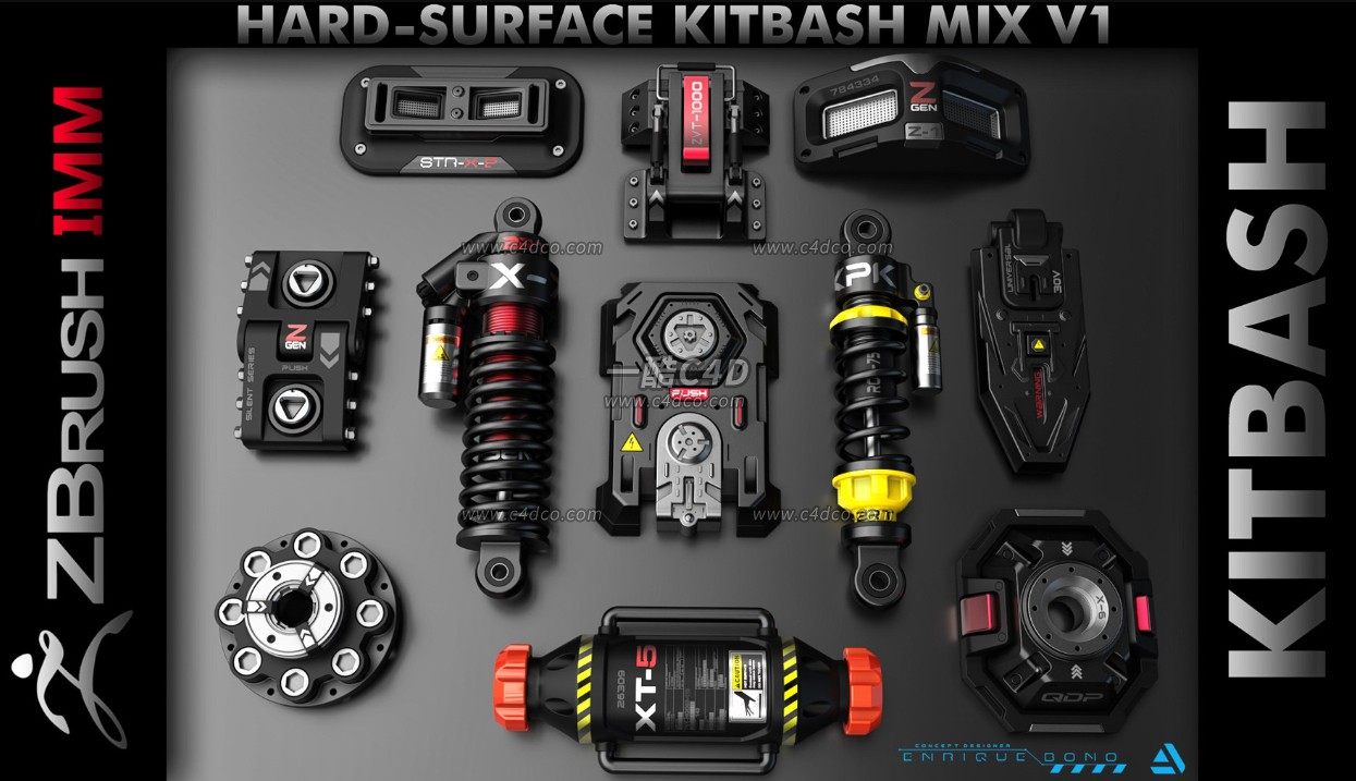 一酷C4D 11个应用于科幻机器人车辆武器中的机械配件3D模型资产