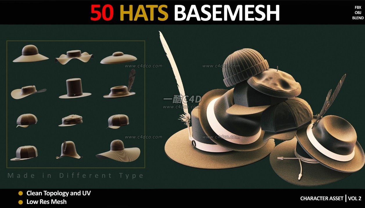 一酷C4D 50款男士针织帽礼帽棒球帽博士帽等人物佩戴饰品模型