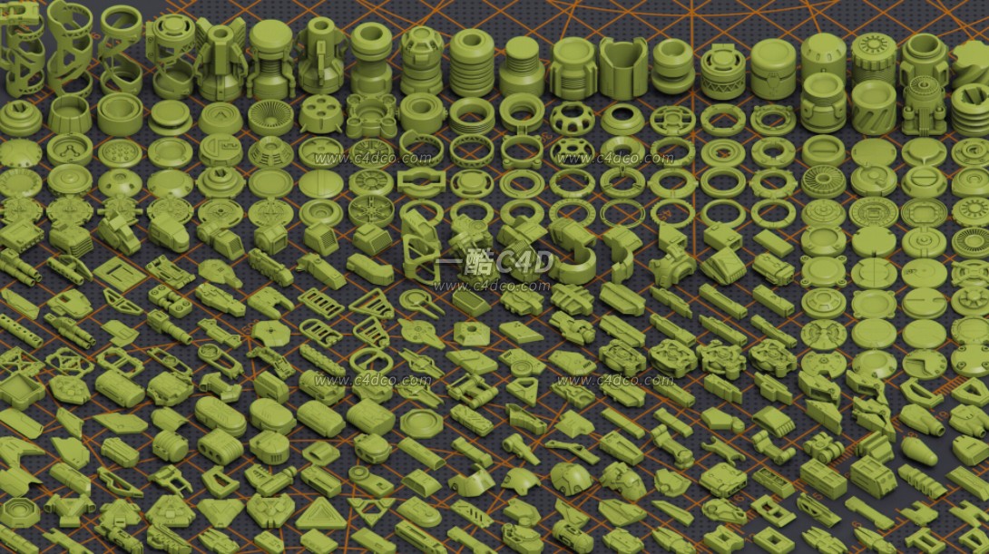 320个高精细的科幻硬表面军事武器部件零件3D模型
