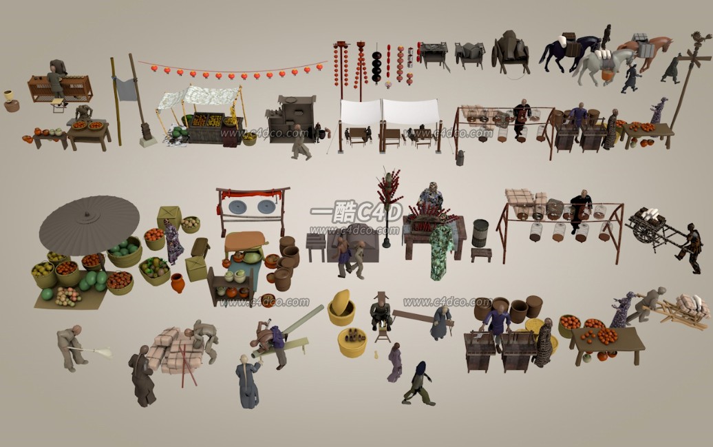 50个C4D古代街道集市商贩小吃摊位商家人物马队水果3D模型资产
