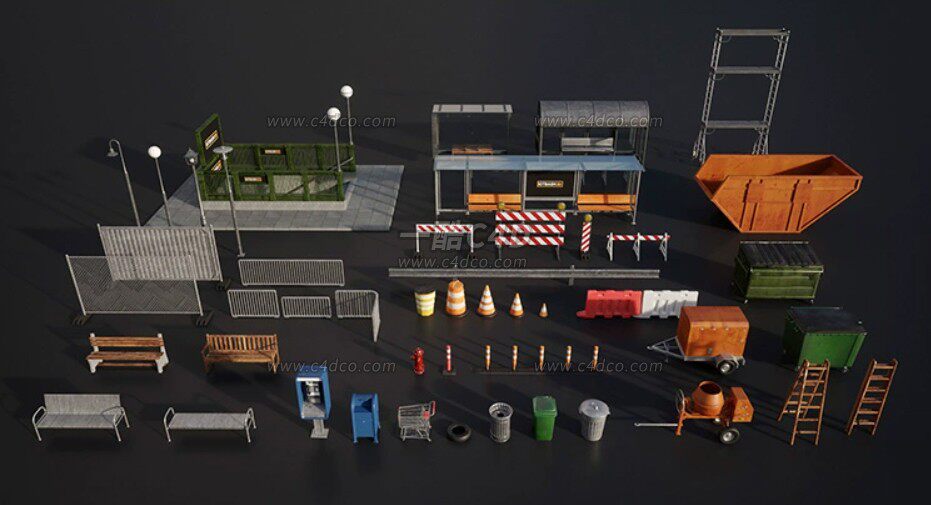 一酷C4D 道路公共设施路灯警戒栏杆路障长椅公交站牌3D模型素材