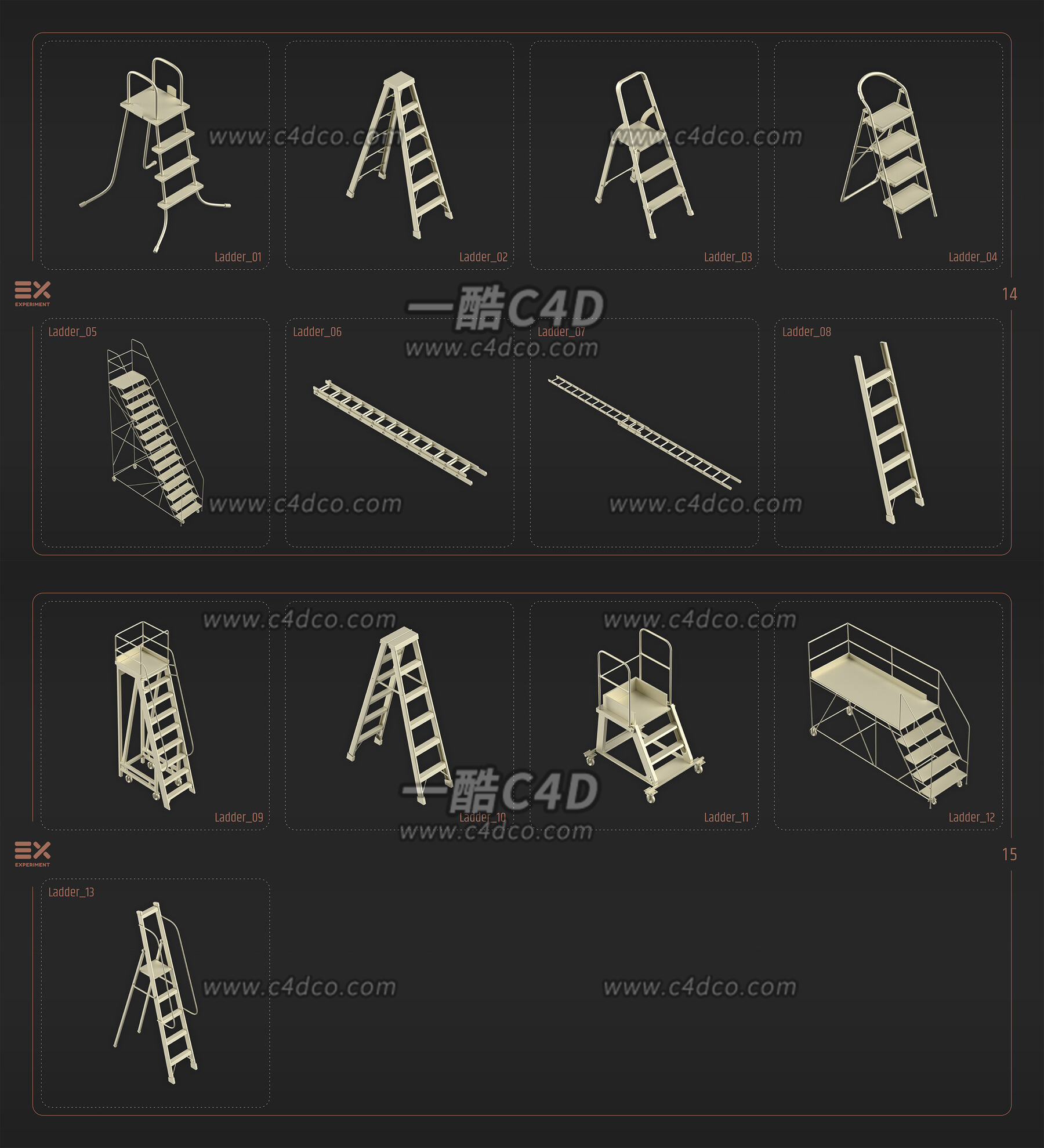 101个C4D低面轮胎手推车箱子瓶子梯子等常见仓库物品3D模型合集素材