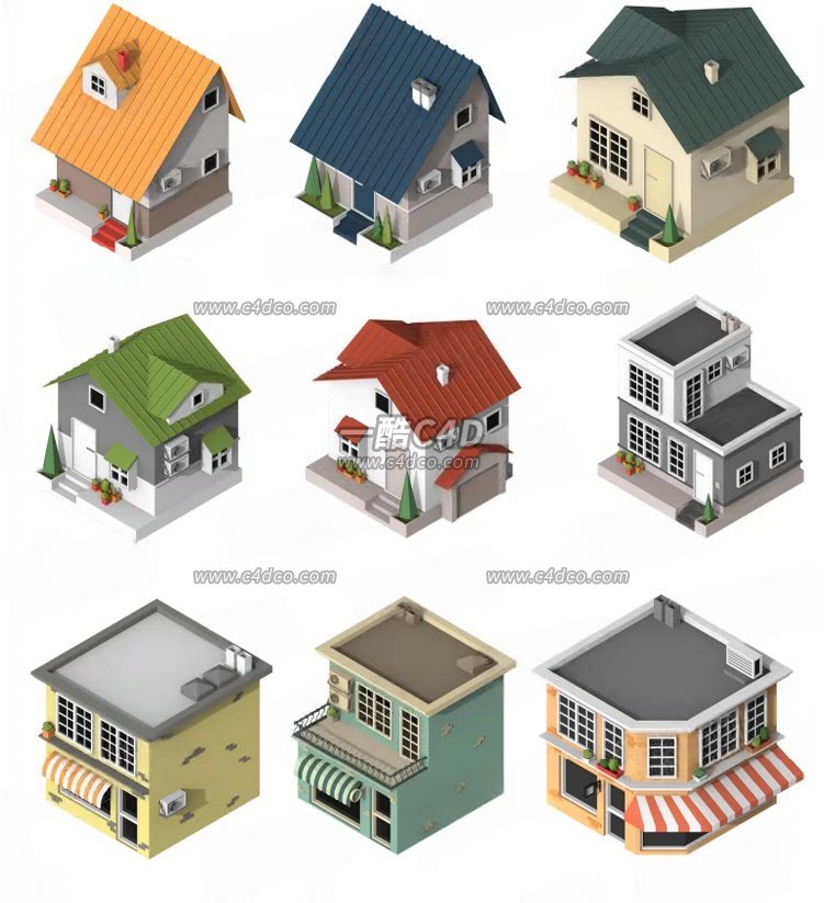 一酷C4D 低多边形卡通房屋建筑3D模型