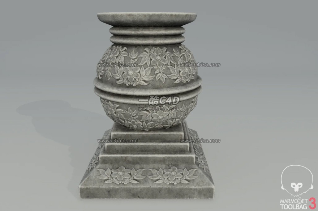一酷C4D 4个植物花坛复古雕刻花纹石坛3D模型