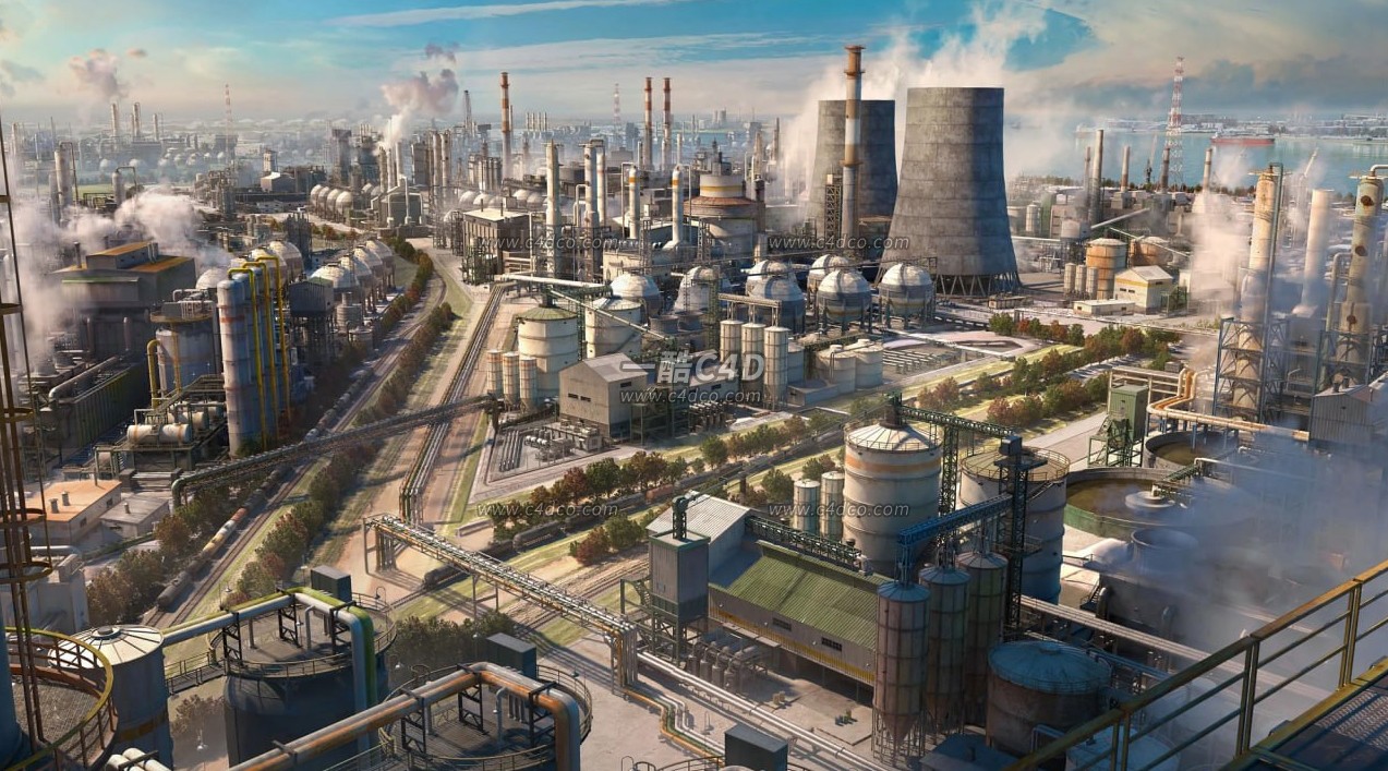 Blender重工业工程建筑烟囱管道油井架3D模型