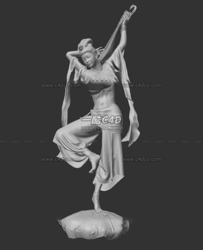 一酷C4D 敦煌飞天仙女反弹琵琶石塑雕像3D模型