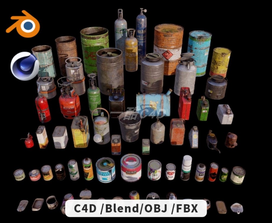 一酷C4D 破旧废品燃气罐金属容器罐头铁桶煤气罐汽油桶等模型资产