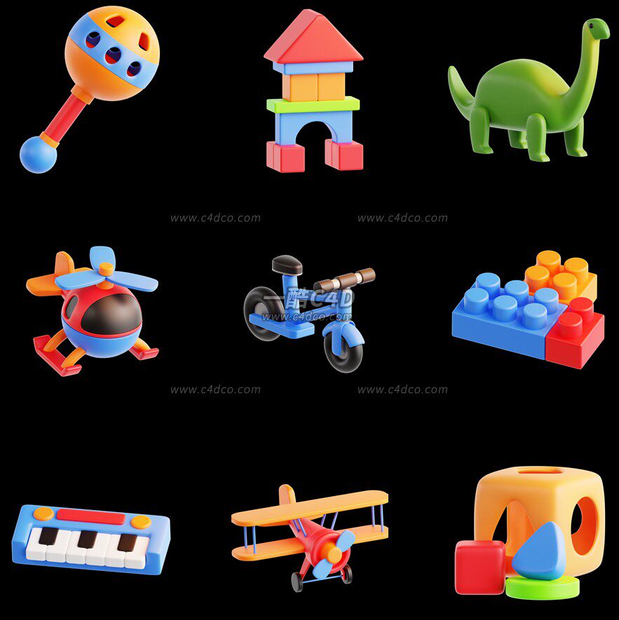 一酷C4D 18款卡通飞机魔方乐高玩具熊3D模型