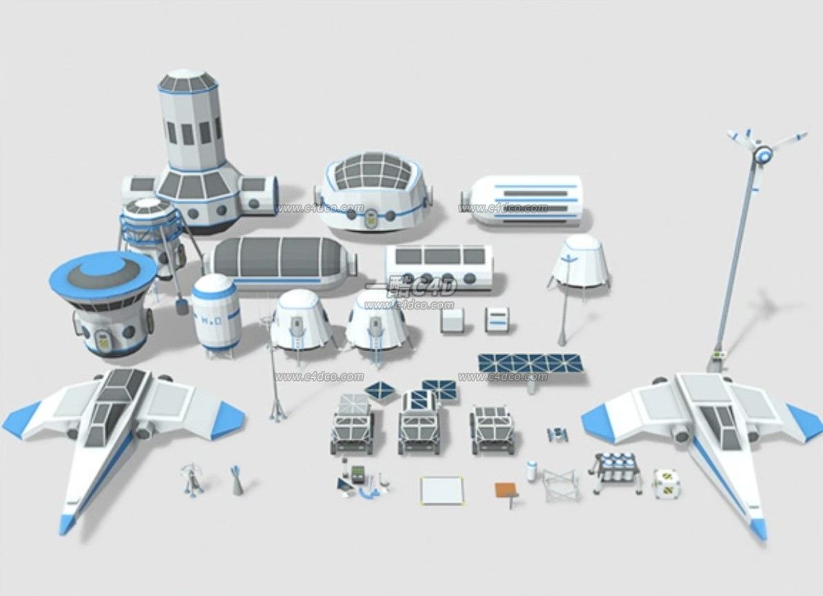 一酷C4D 低面外太空火星基地科研设施建筑资产模型
