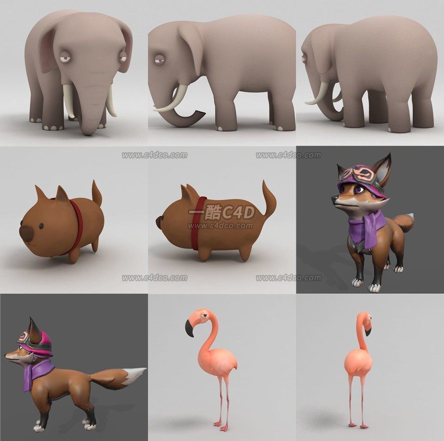 一酷C4D 7款卡通动物大象狐狸野猪鸵鸟3D模型素材