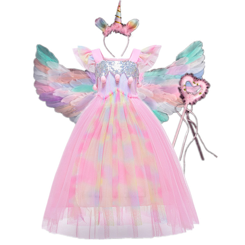 Girls' Princess Dress Summer Children's Tutu Unicorn Angel Wings Rainbow Dress Children's Day Performance Dress