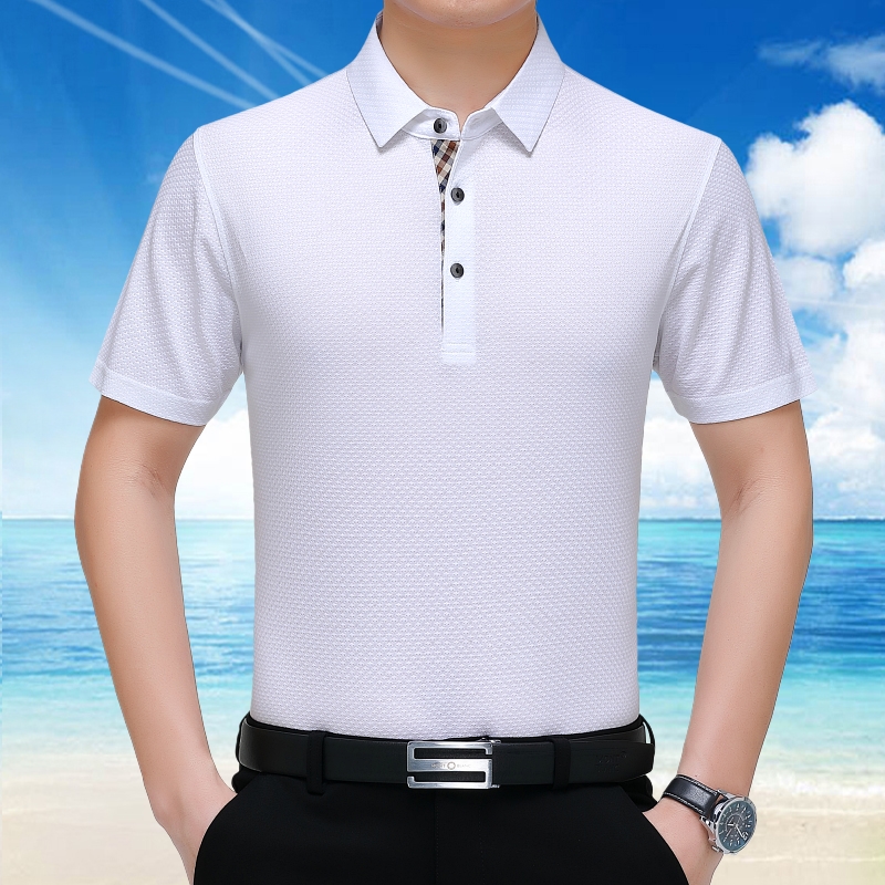 Summer Armani Men Short Sleeved T-shirt Middle-aged Leisure Pure Color Smooth Silk Pass Thin Breakthrough Polo Shirt