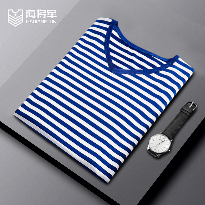 Men's Mercerized Cotton Short-Sleeve T-Shirt, Authentic Sailor Shirt, Blue and White Striped Shirt, Striped Shirt, Half-Sleeve V-Neck Shirt, Summer Trendy Style