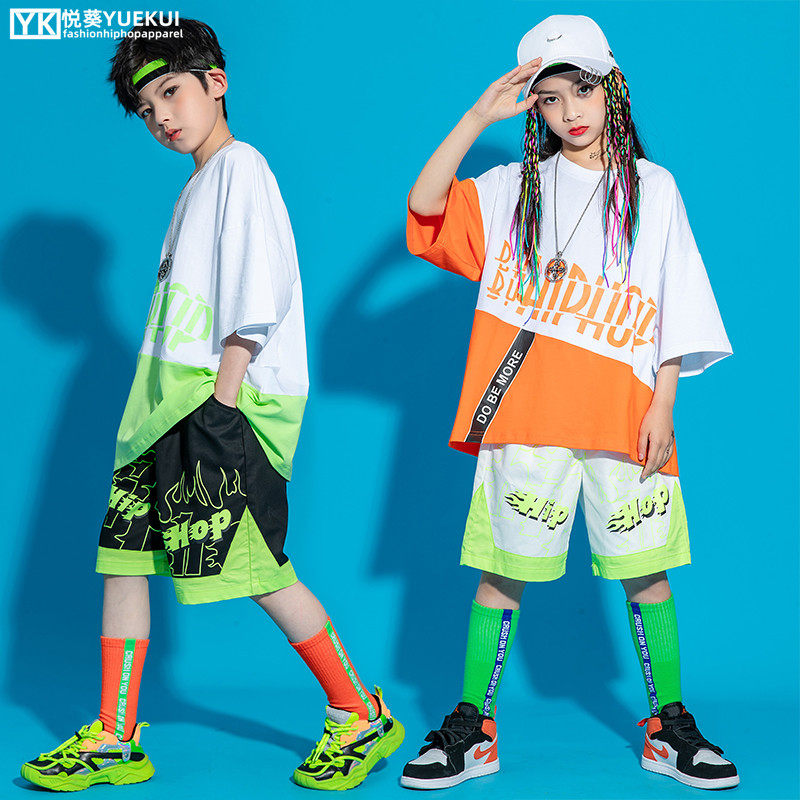 Children's hip-hop hiphop trendy clothes girls hip-hop handsome suit six-frame drum performance summer loose short-sleeved