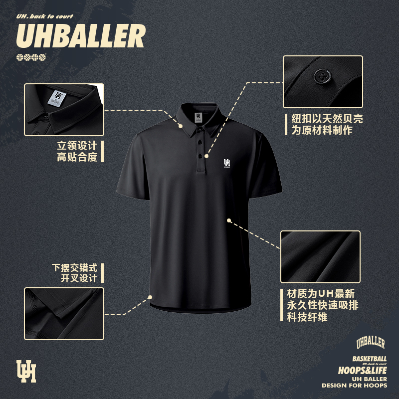 Uh American Style Summer Men's Thin Loose Lapel Polo Shirt Basketball Short-Sleeved Casual Breathable Quick-Drying Sports Coach Uniform