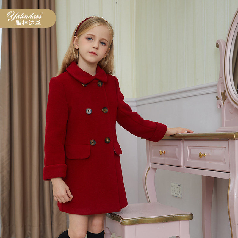 Yalindas children's western style coat high-end sense little girl fashionable woolen coat 2022 new wine red coat
