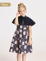 Yallinda silk children dress princess dress 2022 new girl printed shawl girl foreign air dress surges