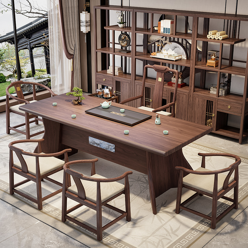 New Chinese-Style Walnut Tea Table and Chair Set, Solid Wood Large Board Tea Table for Home and Office, One Table and Five Chairs Tea Table New Chinese-Style Walnut Tea Table and Chair Set, Solid Wood Large Board Tea Table for Home and Office, One Table and Five Chairs Tea Table