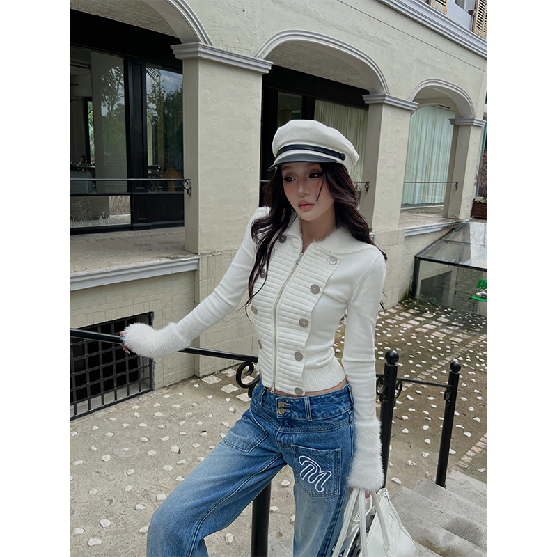 Hytemoly Retro Double-Breasted Faux Mink Fur Patchwork Stretchy Slim-Fit Sweater Coat with Lapel and Double Zipper