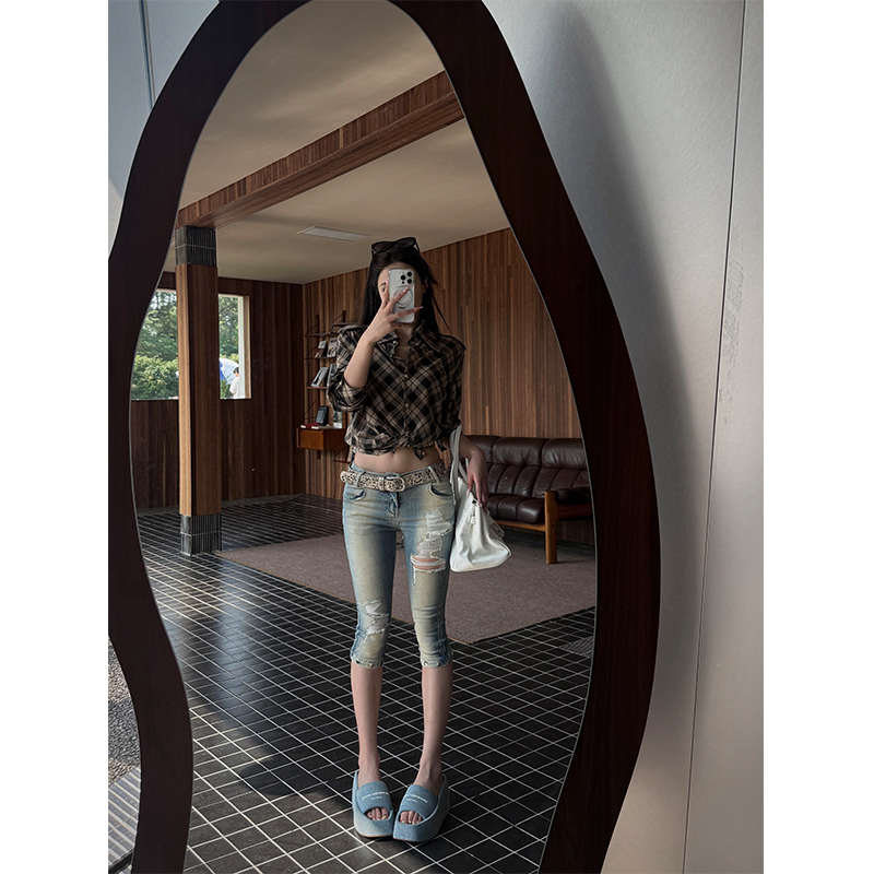 Hytemoly Detachable Elastic Low-Rise Slim-Fit Light Blue Jeans, Slimming, Distressed, Slightly Flared Long Pants Hytemoly Detachable Elastic Low-Rise Slim-Fit Light Blue Jeans, Slimming, Distressed, Slightly Flared Long Pants