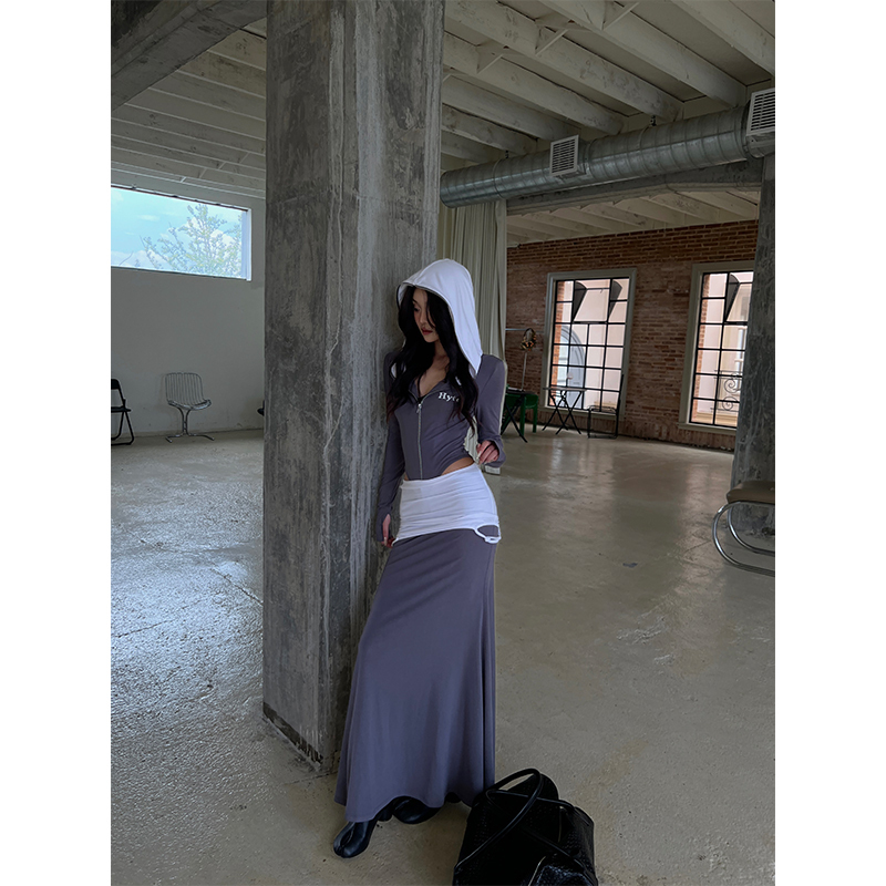 Hytemoly Ear-Hanging Layered Waistband Side Slit Fishtail Skirt Color-Block Hooded Zip-Up Jacket Two-Piece Set