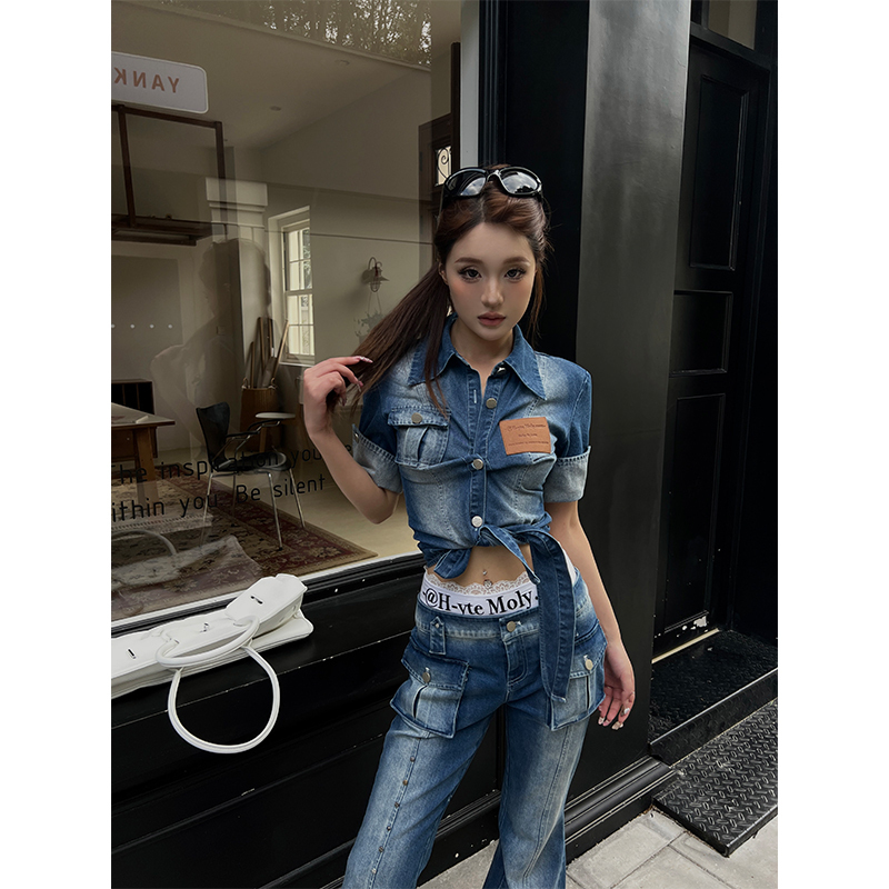 Hytemoly Hem Tie Soft Thin Washed Denim Short-Sleeve Shirt with Adjustable Cuffs and Waist-Cinching Cropped Top