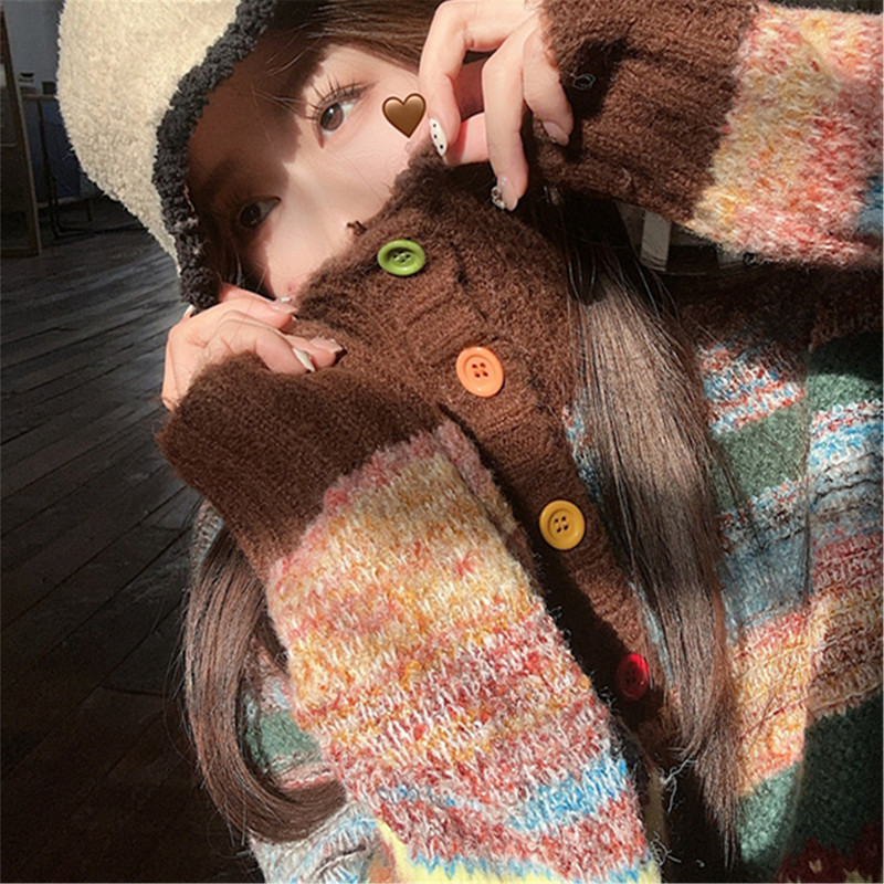 Dopamine Color-Blocked Retro Knit Sweater for Women, Autumn and Winter Christmas Rainbow Striped Polo Collar Half-High Collar Sweater