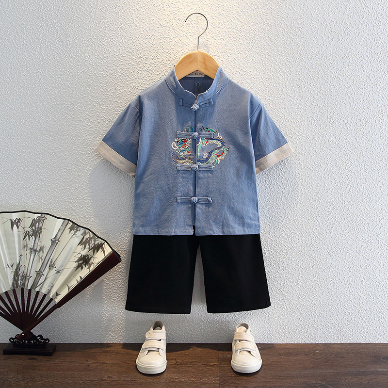 Hanfu boy Xia Xiaotong Chinese style short-sleeved thin ancient costume cotton and linen two-piece children's Chinese costume suit
