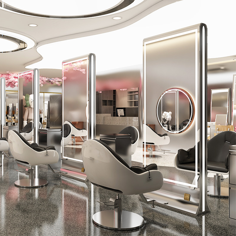 Net red shop mirror stainless steel hairdressing mirror with lamp double-sided full-length mirror landing hair cutting mirror hair salon dedicated