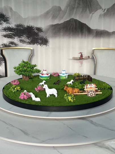 酒店餐桌转盘中间摆件餐厅圆桌仿真花装饰创意草原微景观造景摆台