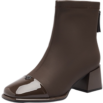 Daphne Brown Boots Womens 2024 New Spring and Autumn Single Boots Square Toe High Heels Slim Short Boots French Fashion Ankle Boots