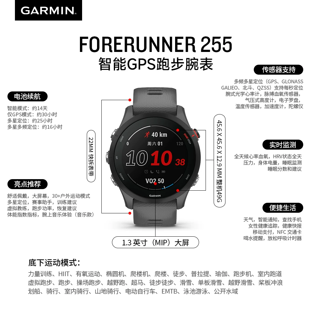 Профессиональные часы для бега с мониторингом сердца Garmin Jiaming Forerunner255/165/265/965