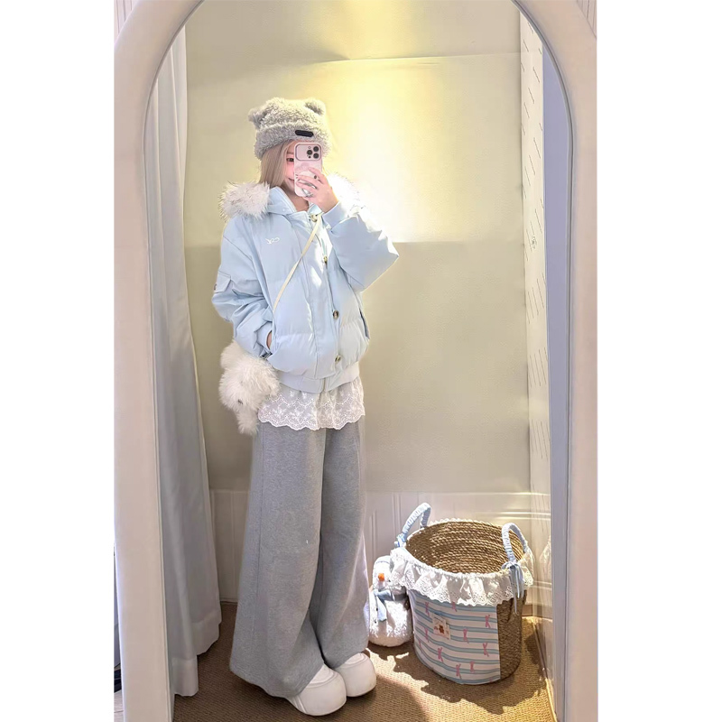 Sweet and Gentle Style Blue Hooded Cotton Jacket with Fur Collar, Warm and Versatile, Casual, Thick, Loose, and Trendy