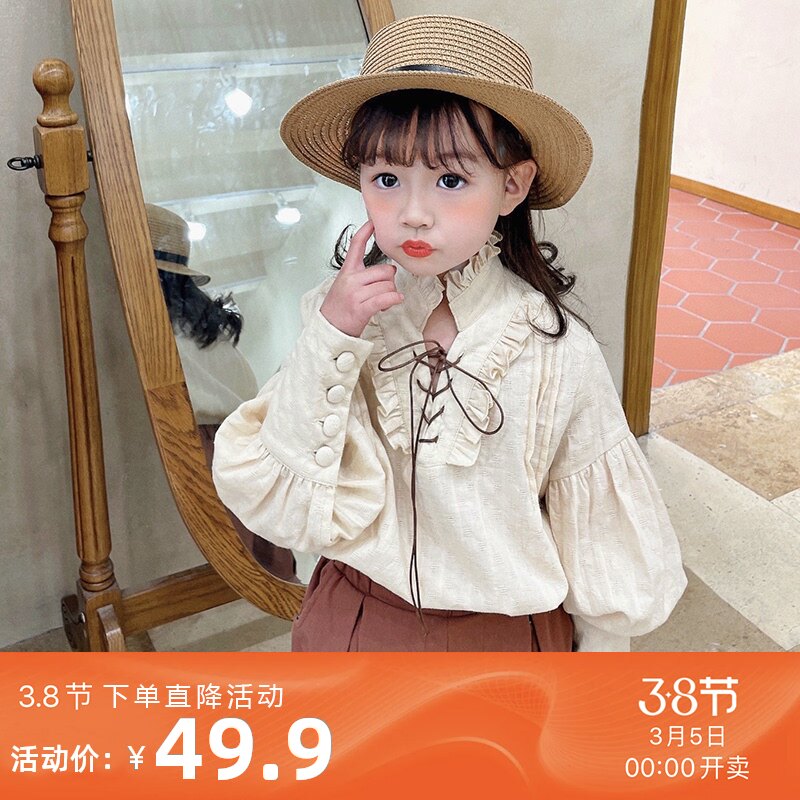  66 Princess children's lace ear edge strap stand collar Lamb leg sleeve shirt Spring wild Girls cotton shirt