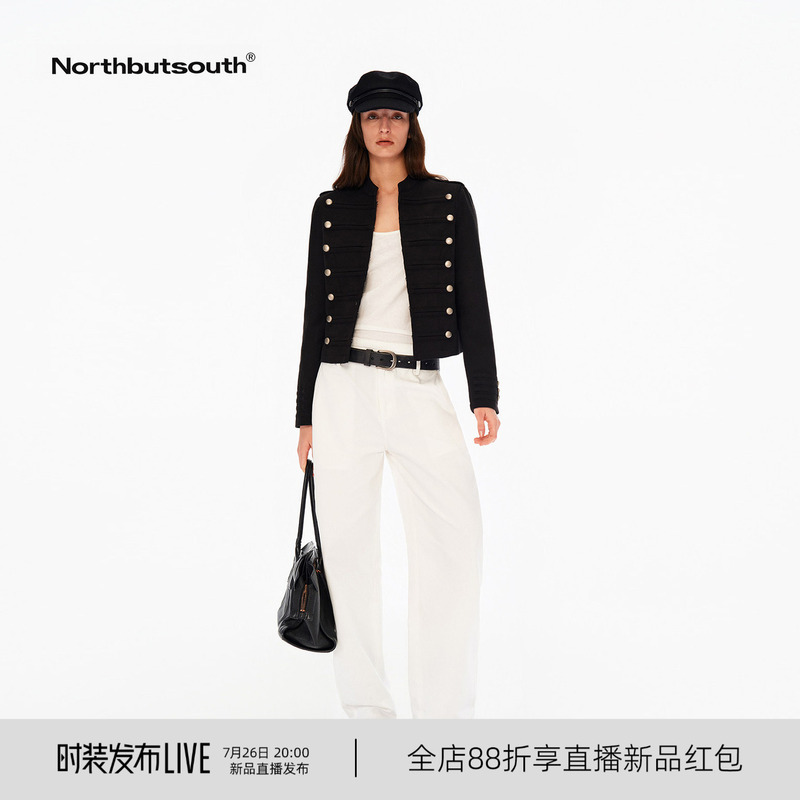 Northbutsouth “Napoleon Lancer Jacket” Short Slim-Fit Jacket with Metal Snap Buttons and Stand-Up Collar Northbutsouth “Napoleon Lancer Jacket” Short Slim-Fit Jacket with Metal Snap Buttons and Stand-Up Collar