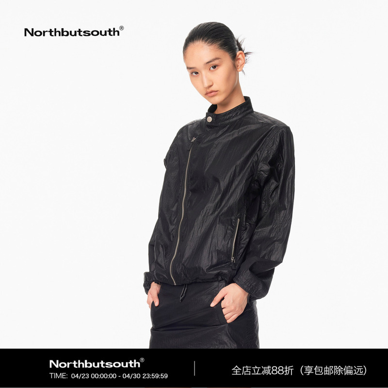 Northbutsouth Black Matte Diagonal Zipper Small Stand Collar Lightweight Jacket