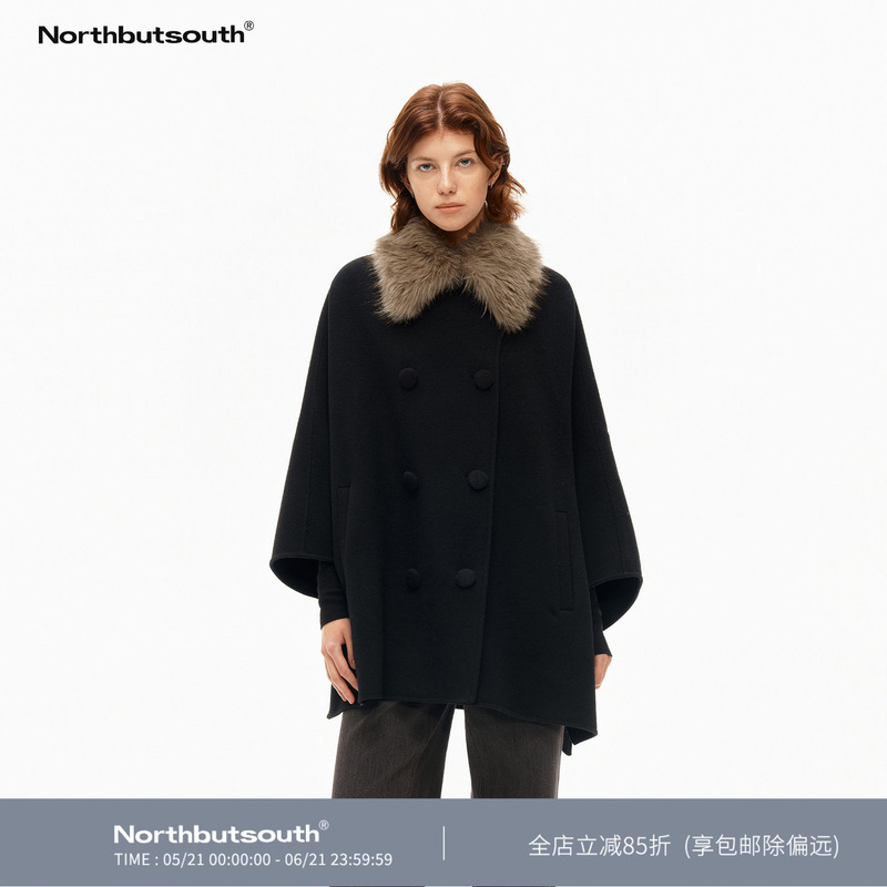 Northbutsouth All-Wool Double-Breasted Detachable Fur Collar Loose Cape Double-Sided Woolen Coat Northbutsouth All-Wool Double-Breasted Detachable Fur Collar Loose Cape Double-Sided Woolen Coat