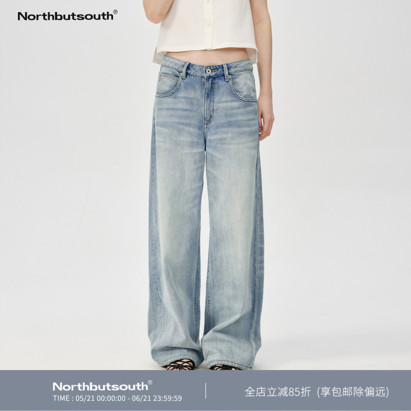 Northbutsouth Classic Washed Clear Blue Casual Loose Straight Mid-Low Waist Denim Casual Pants Northbutsouth Classic Washed Clear Blue Casual Loose Straight Mid-Low Waist Denim Casual Pants