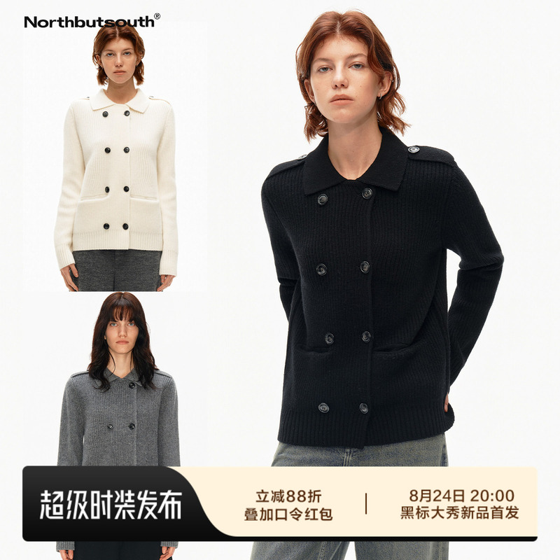 Northbutsouth 100% Wool Three-Color Lapel Loose Double-Breasted Sweater Northbutsouth 100% Wool Three-Color Lapel Loose Double-Breasted Sweater